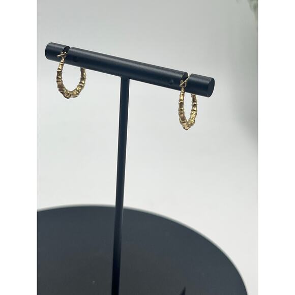 JCM Jacmel 14k Yellow Gold Vintage Marked Bamboo Shrimp Hoop Huggie Earrings - Picture 5 of 10